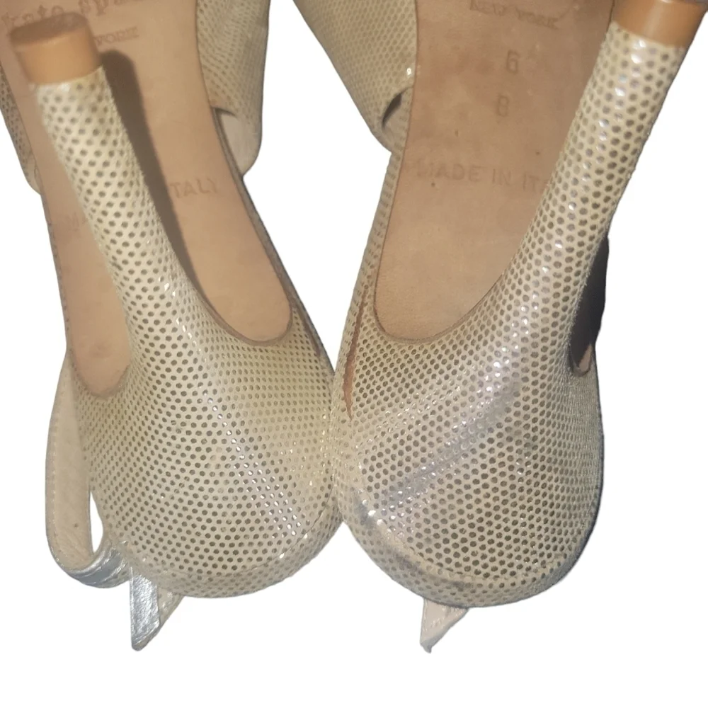 Kate Spade New York Gold Glittery Silver Trim Sling Back Peep Toes Heels 6B